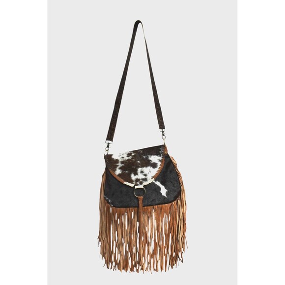 L3 Designs Custom Cowhide Crossbody Fringed Bag Leather Brown White Western - Picture 2 of 15